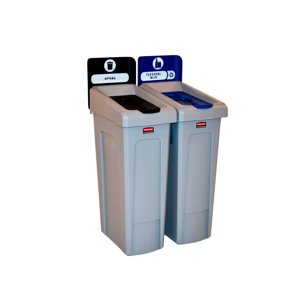 Rubbermaid Slim Jim Recyclingstation 2-stroom NL deksel gesloten (zwart)/flessen (blauw) -  grijs -  zwart -  blauw